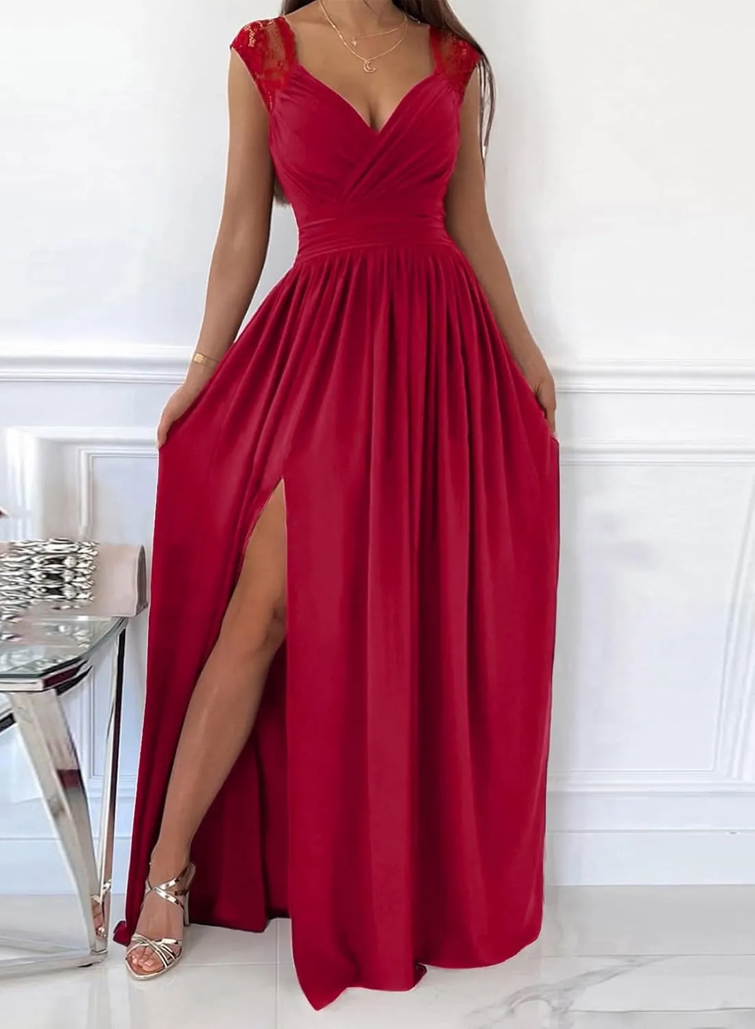 Dokotoo Womens 2025 Formal Dresses Wrap V-Neck Ruched Sexy Bridesmaid Wedding Guest Maxi Dresses
