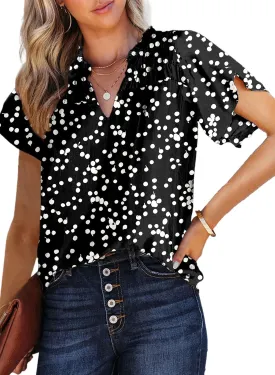 Dokotoo Women's Casual V Neck Alicia Floral Print Smocked Short Sleeve Chiffon Blouses Bohemian Top Shirts
