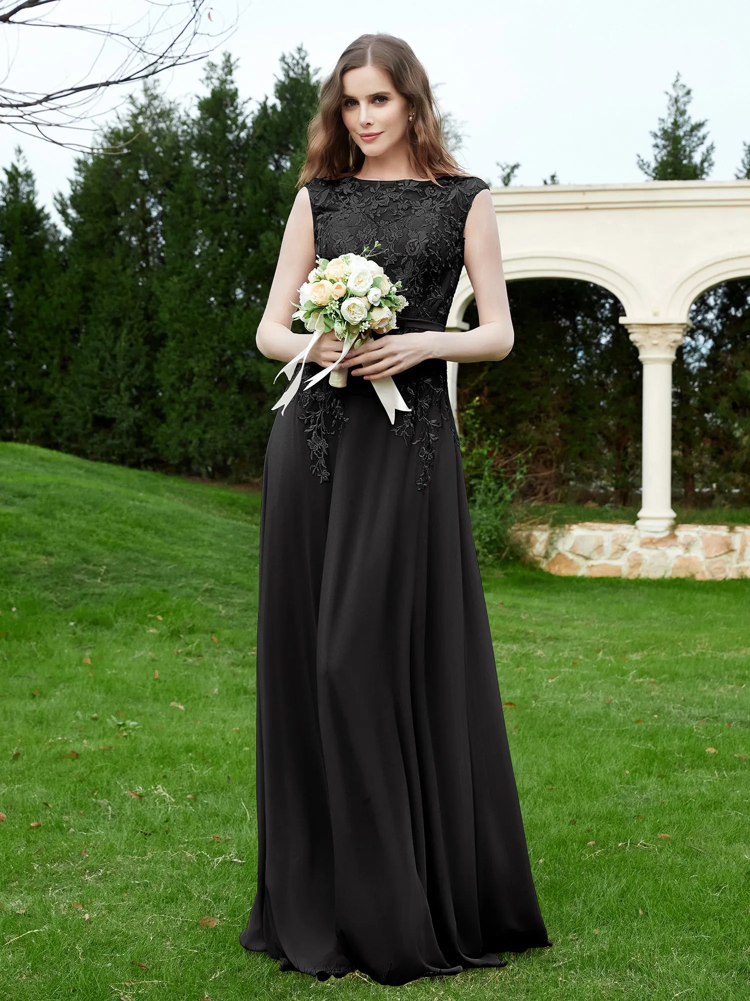 Elegant Illusion Lace Appliqued Dress With Buttons Black