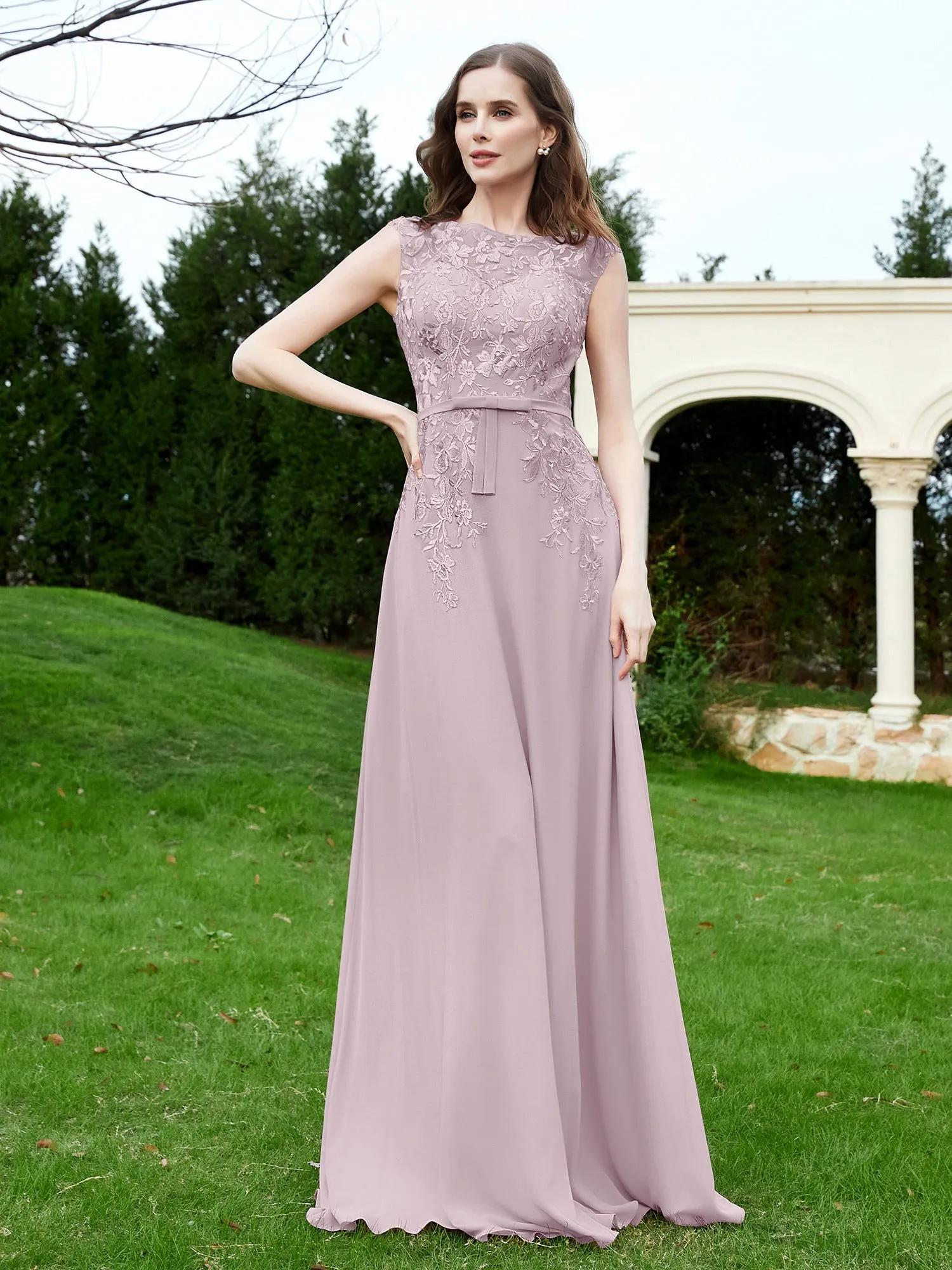 Elegant Illusion Lace Appliqued Dress With Buttons Dusk