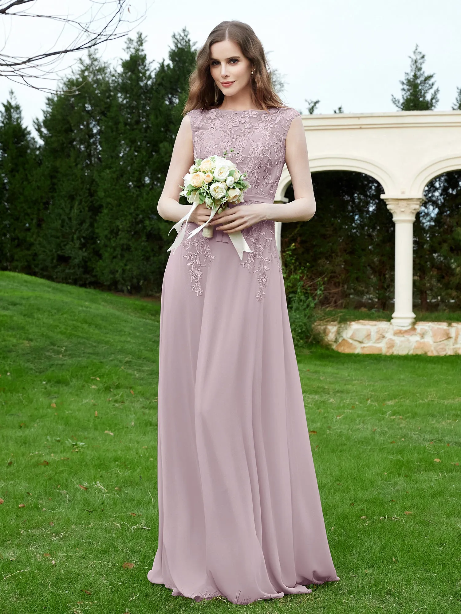 Elegant Illusion Lace Appliqued Dress With Buttons Dusk