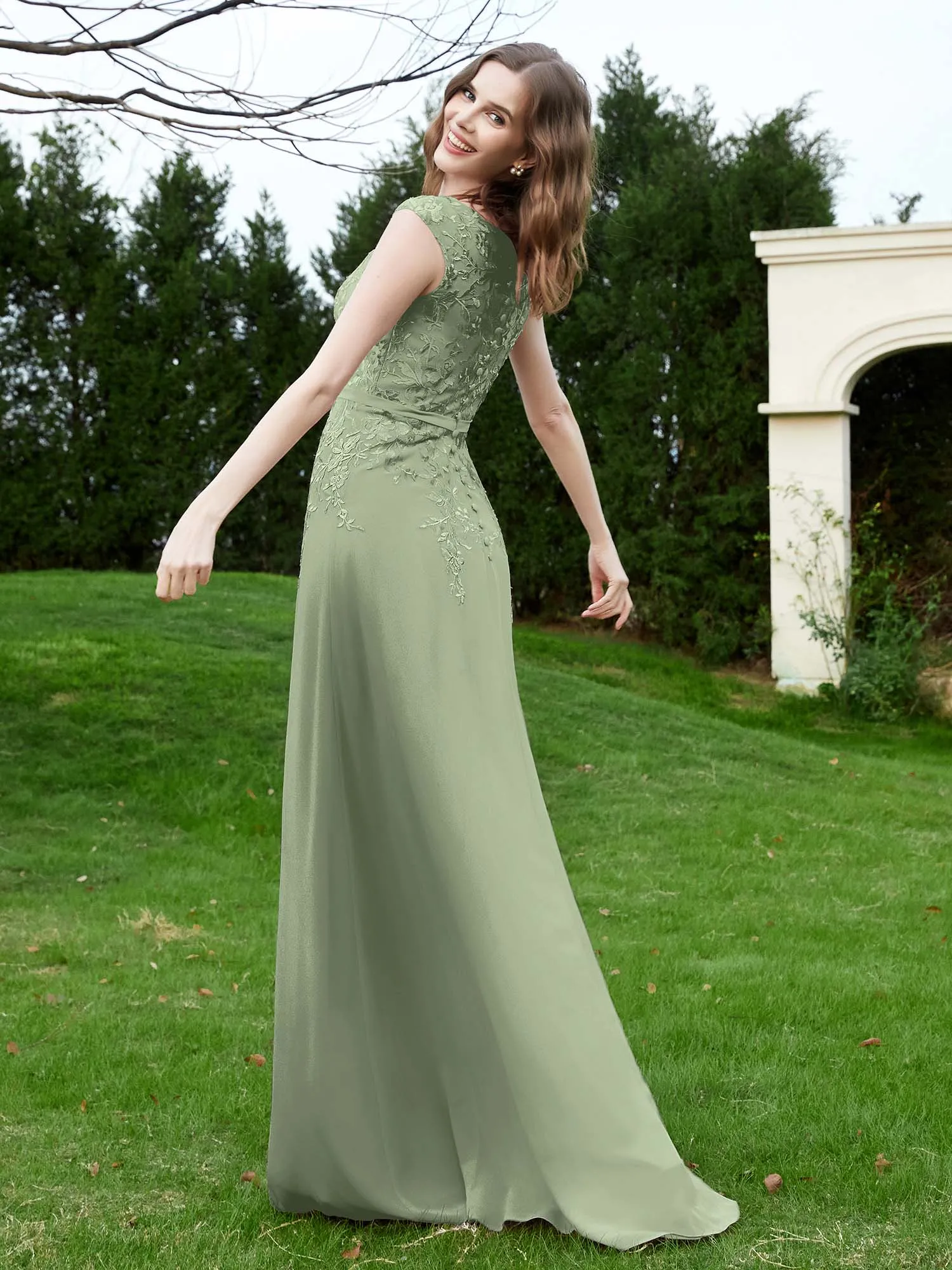 Elegant Illusion Lace Appliqued Dress With Buttons Dusty Sage Plus Size