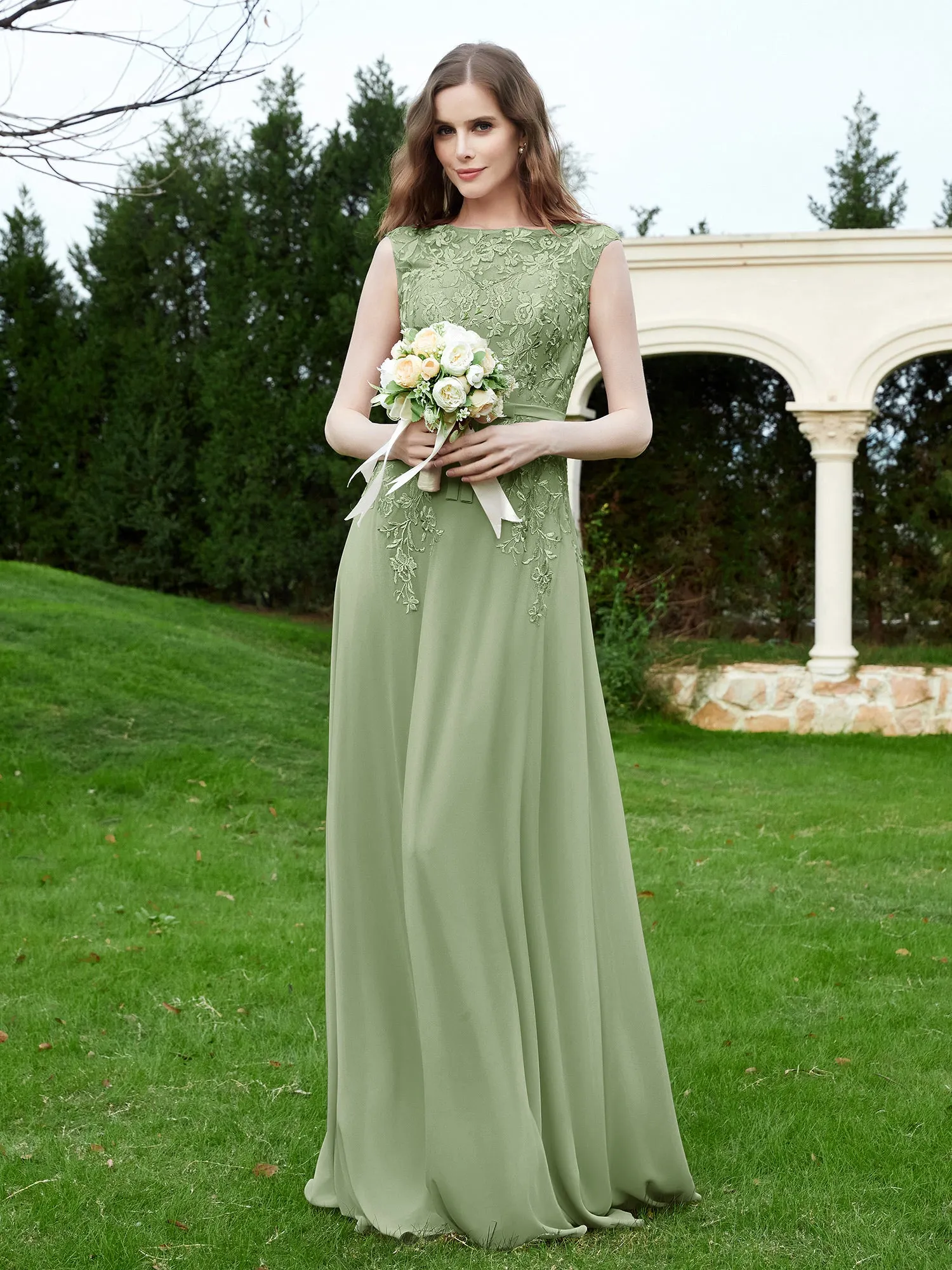 Elegant Illusion Lace Appliqued Dress With Buttons Dusty Sage Plus Size