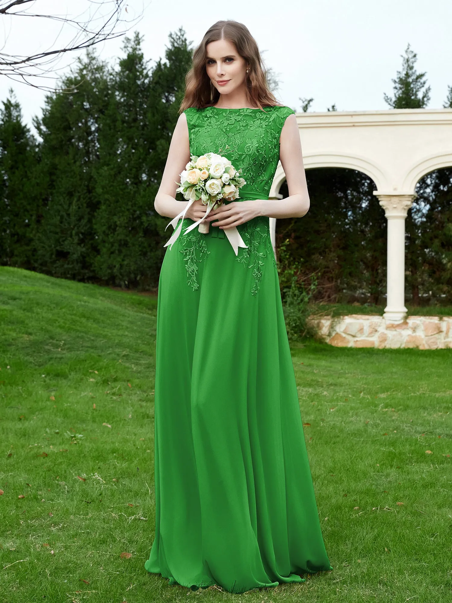Elegant Illusion Lace Appliqued Dress With Buttons Green
