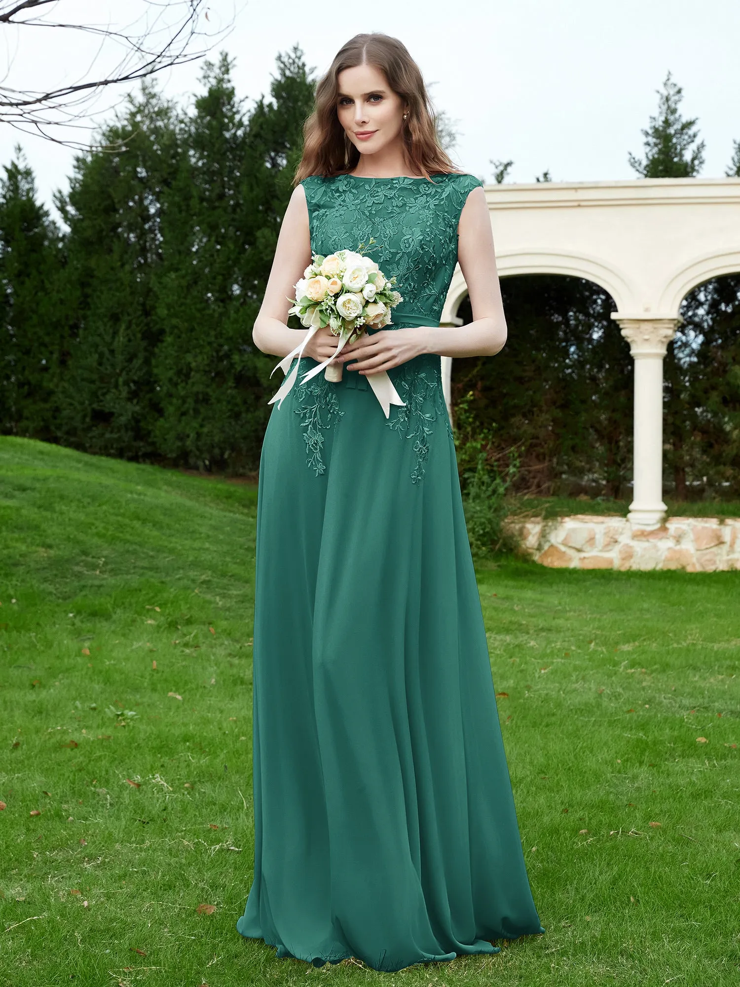 Elegant Illusion Lace Appliqued Dress With Buttons Peacock