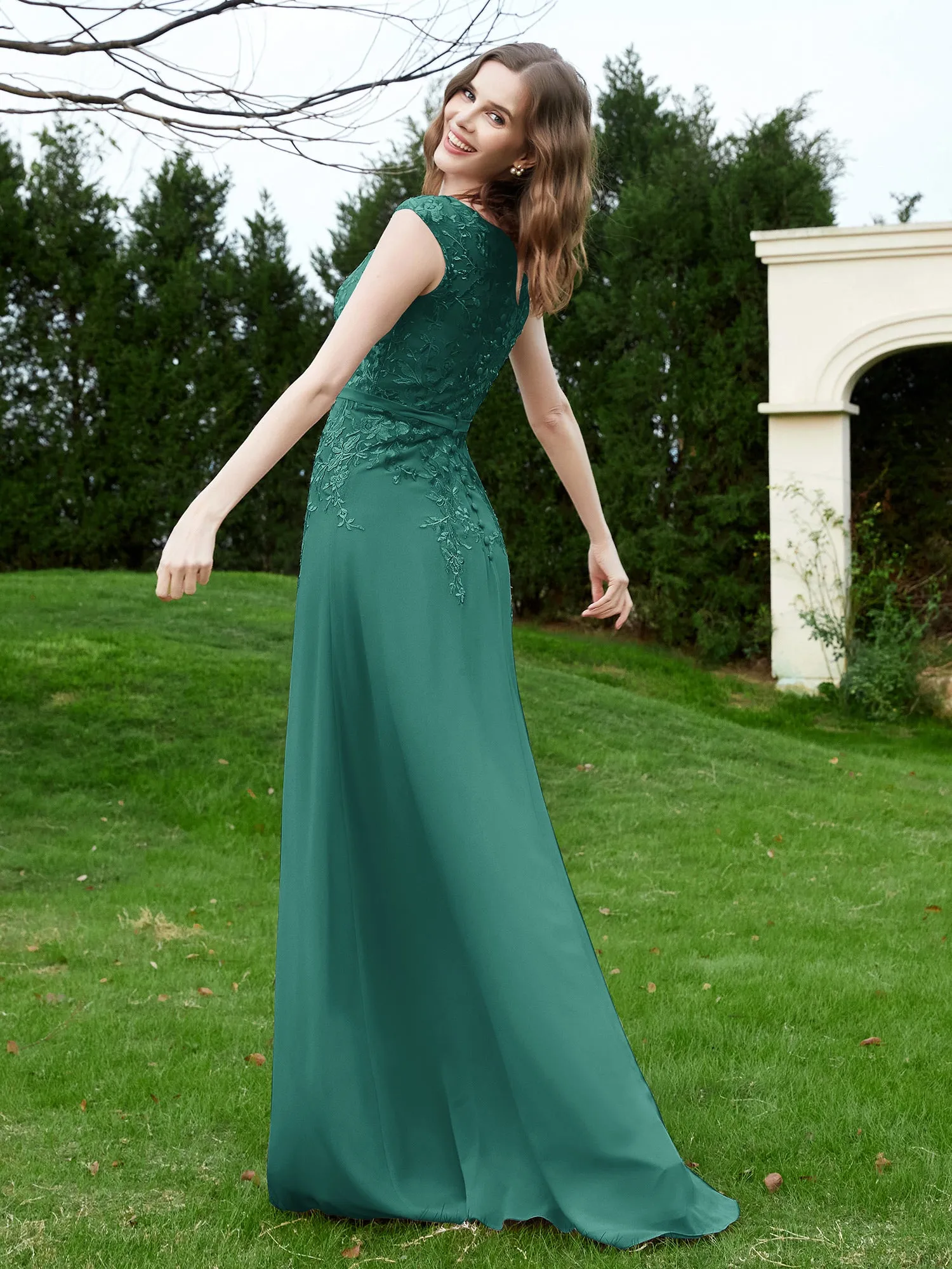 Elegant Illusion Lace Appliqued Dress With Buttons Peacock