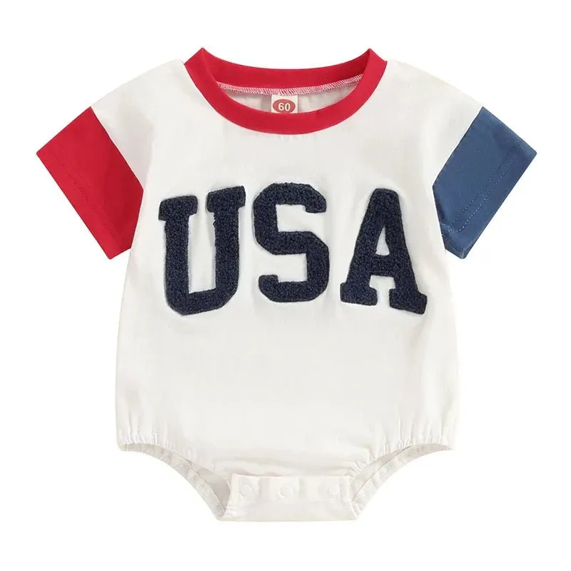 Girls Boys Independence Day USA Romper Short Sleeve O-neck Letter Embroidery Contrast Color Jumpsuit