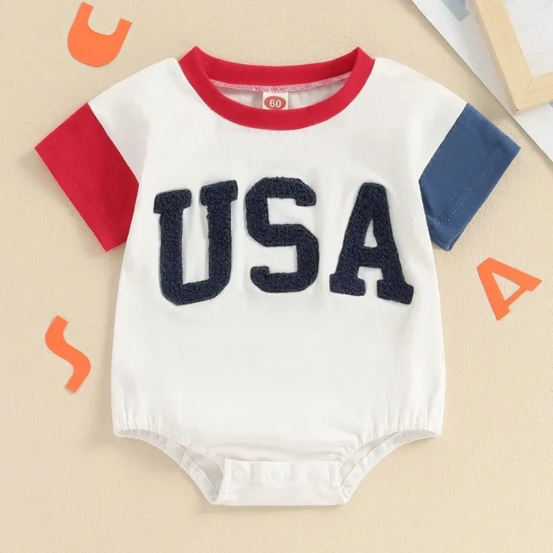Girls Boys Independence Day USA Romper Short Sleeve O-neck Letter Embroidery Contrast Color Jumpsuit