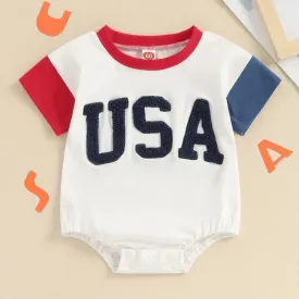 Girls Boys Independence Day USA Romper Short Sleeve O-neck Letter Embroidery Contrast Color Jumpsuit