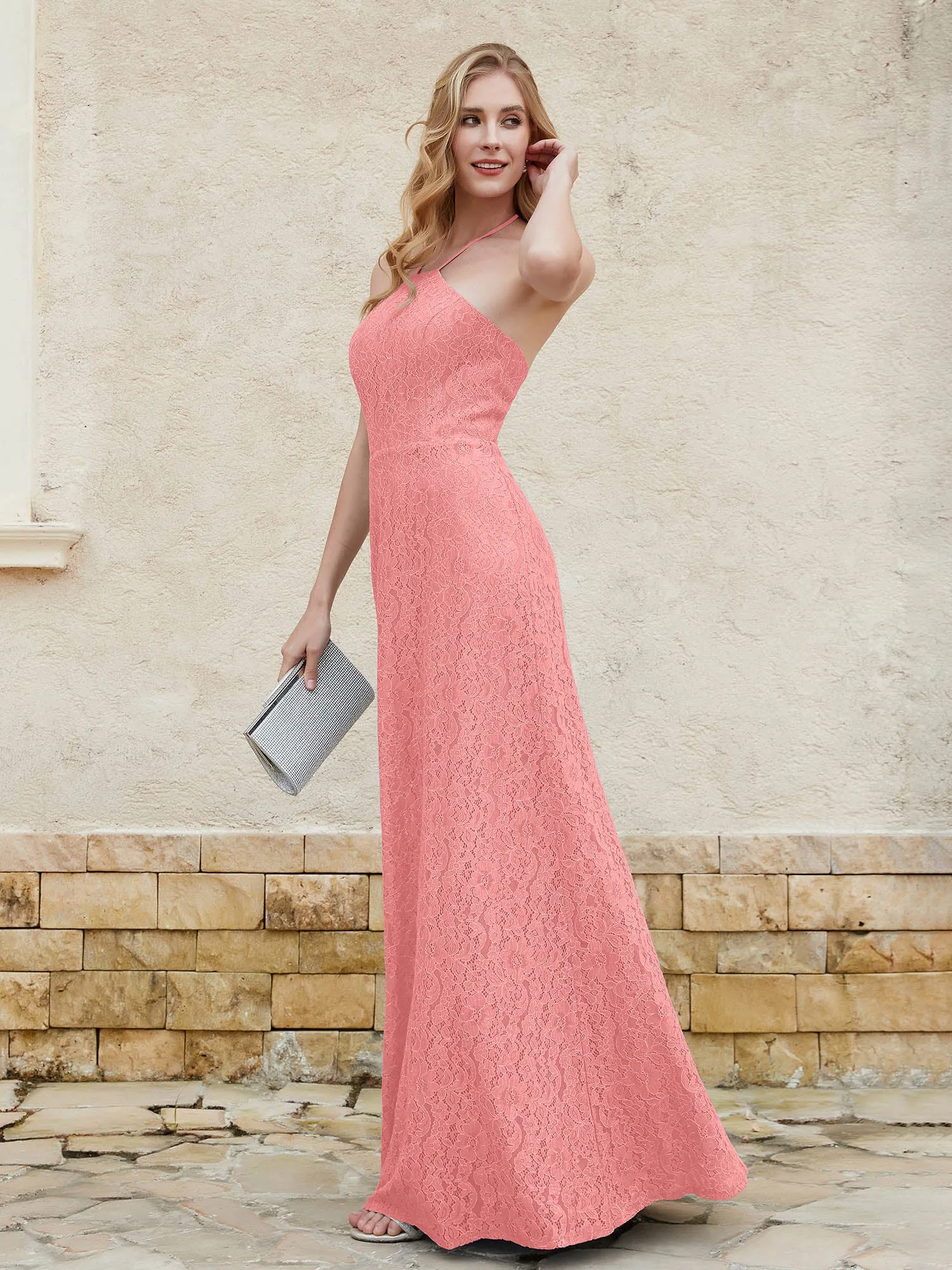 Halter Neck Sheath Lace Gown Flamingo Plus Size