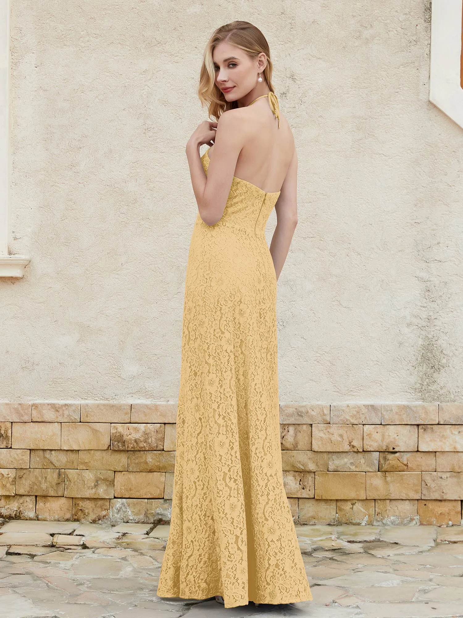 Halter Neck Sheath Lace Gown Gold Plus Size