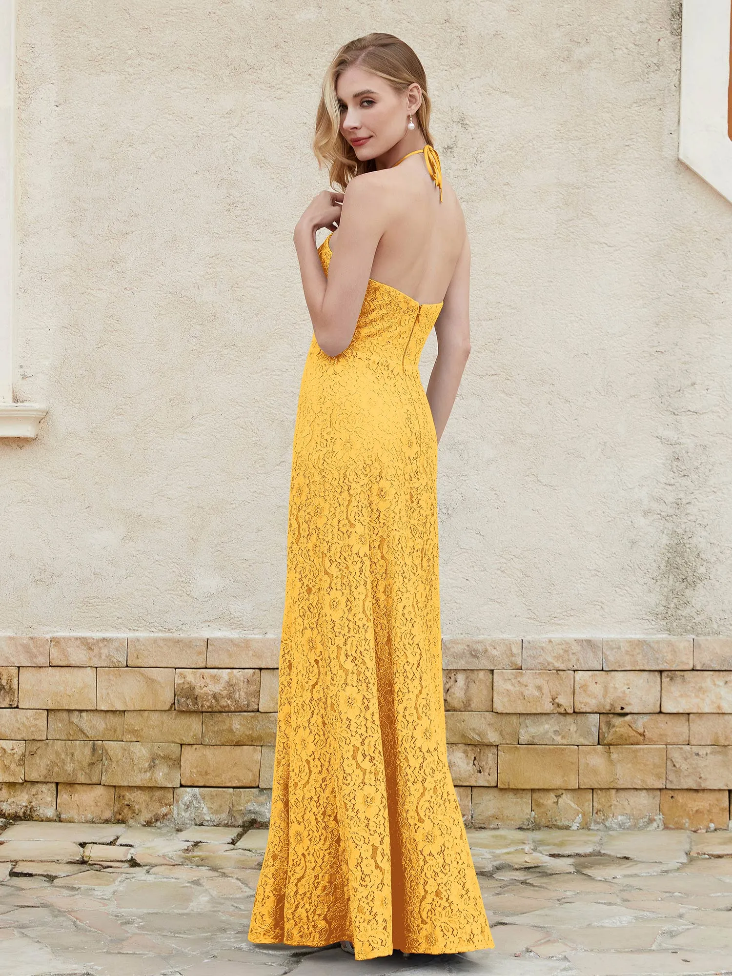 Halter Neck Sheath Lace Gown Tangerine