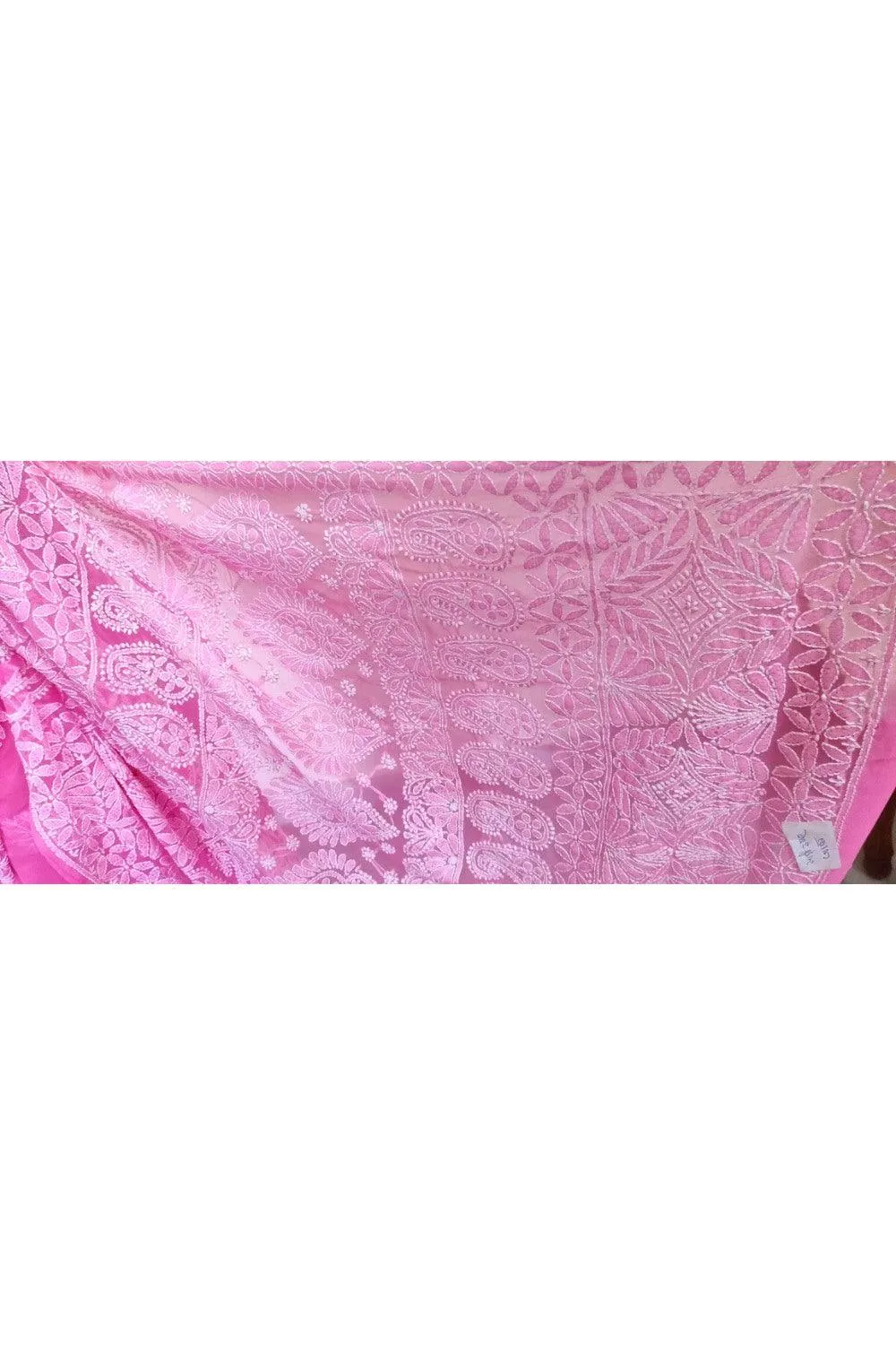 Hand Embroidered Heavy Chikankari Pink Chiffon Saree CK73