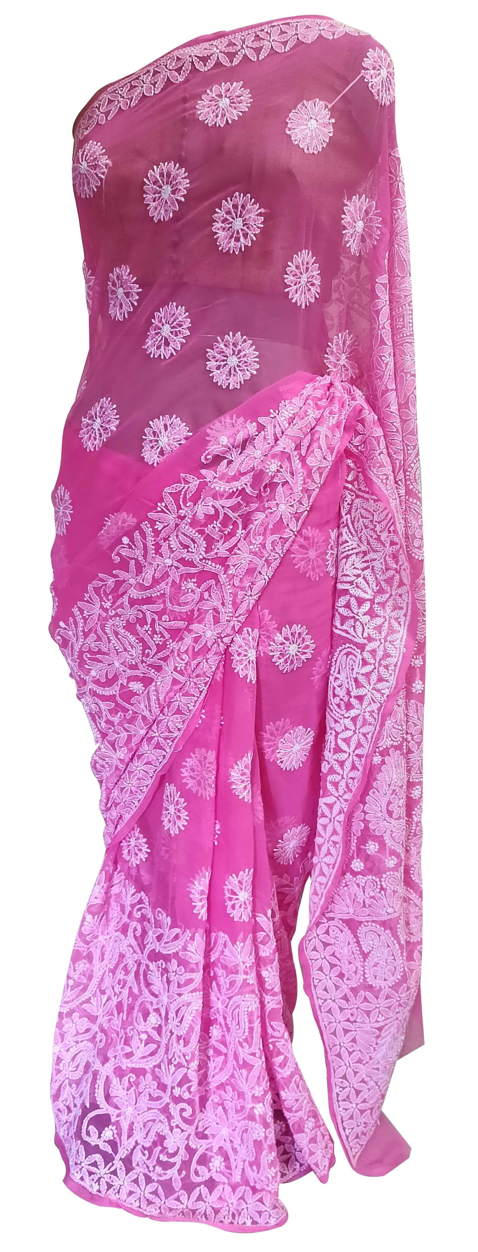 Hand Embroidered Heavy Chikankari Pink Chiffon Saree CK73