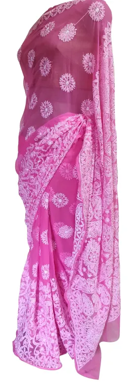 Hand Embroidered Heavy Chikankari Pink Chiffon Saree CK73