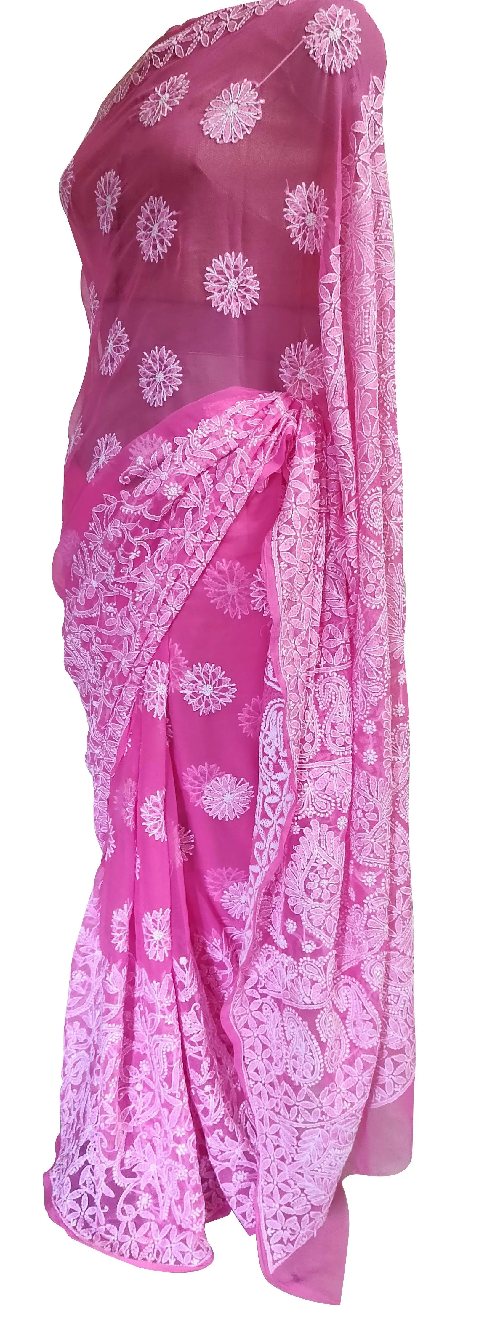 Hand Embroidered Heavy Chikankari Pink Chiffon Saree CK73