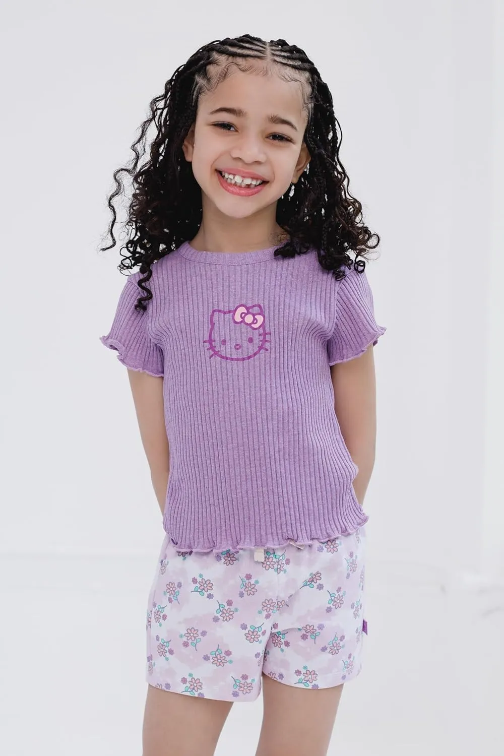 Hello Kitty Girls French Terry Drop Shoulder Sweatshirt, T-Shirt & Shorts 3 Piece Set Toddler to Big Kid Sizes (4T - 10-12)