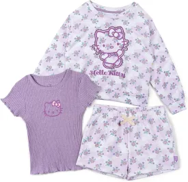 Hello Kitty Girls French Terry Drop Shoulder Sweatshirt, T-Shirt & Shorts 3 Piece Set Toddler to Big Kid Sizes (4T - 10-12)