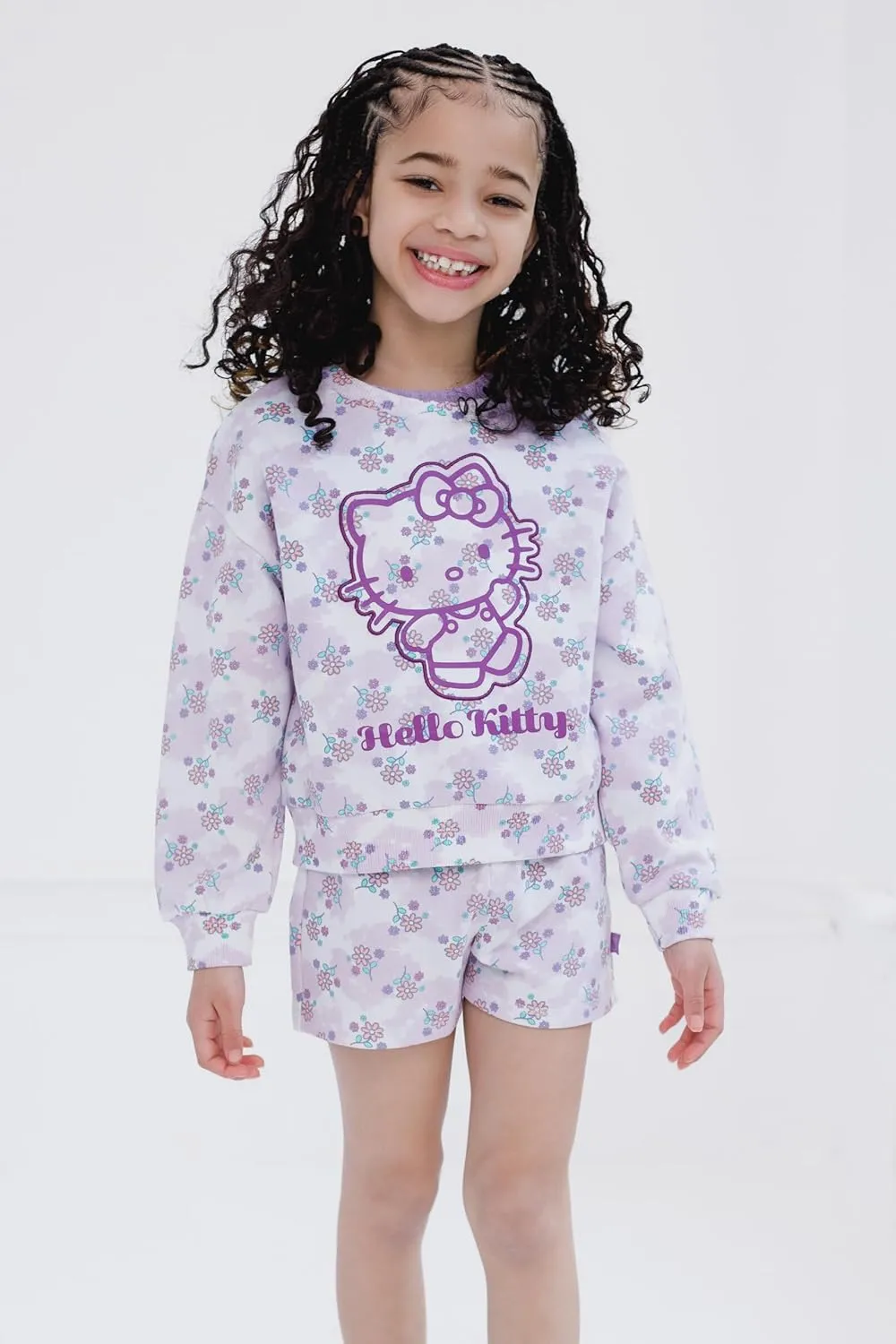 Hello Kitty Girls French Terry Drop Shoulder Sweatshirt, T-Shirt & Shorts 3 Piece Set Toddler to Big Kid Sizes (4T - 10-12)