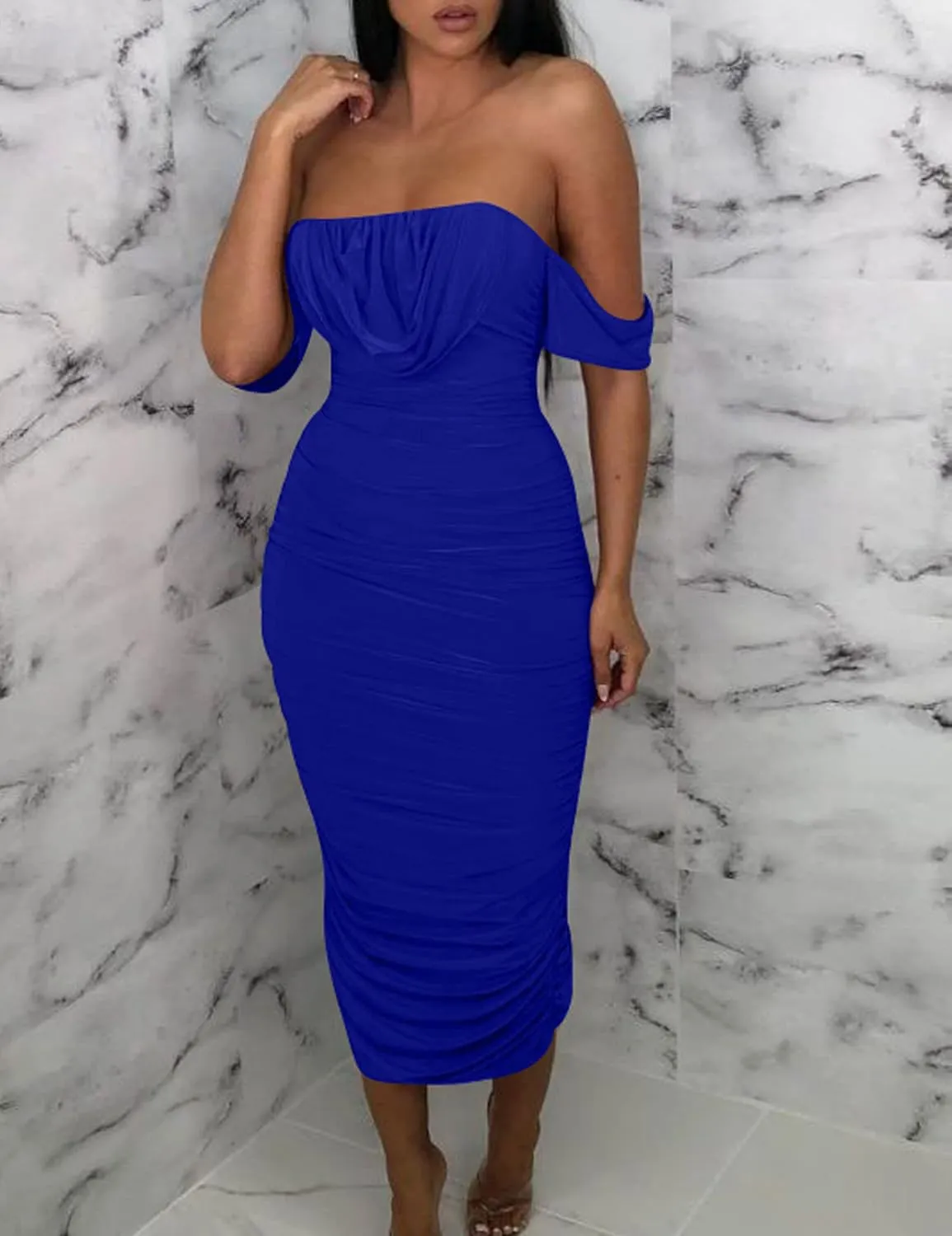 HOCILLE Women's Sexy Ruched Bodycon Strapless Off Shoulder Midi Club Party Tube Dresses