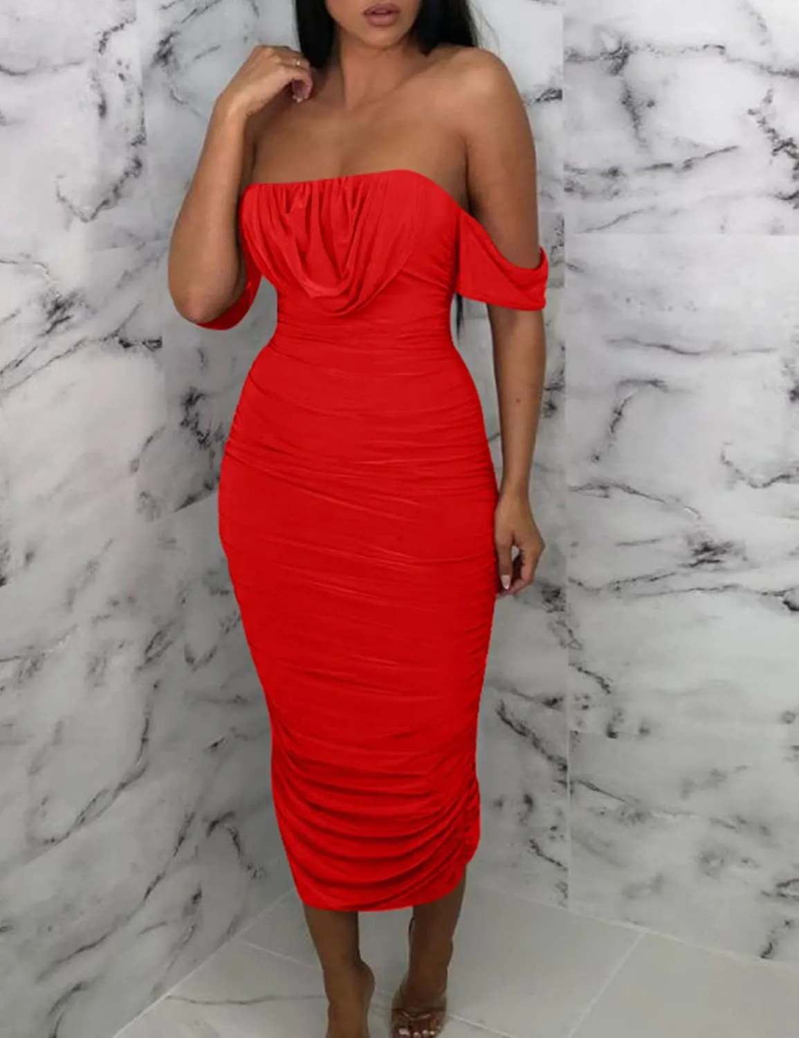 HOCILLE Women's Sexy Ruched Bodycon Strapless Off Shoulder Midi Club Party Tube Dresses