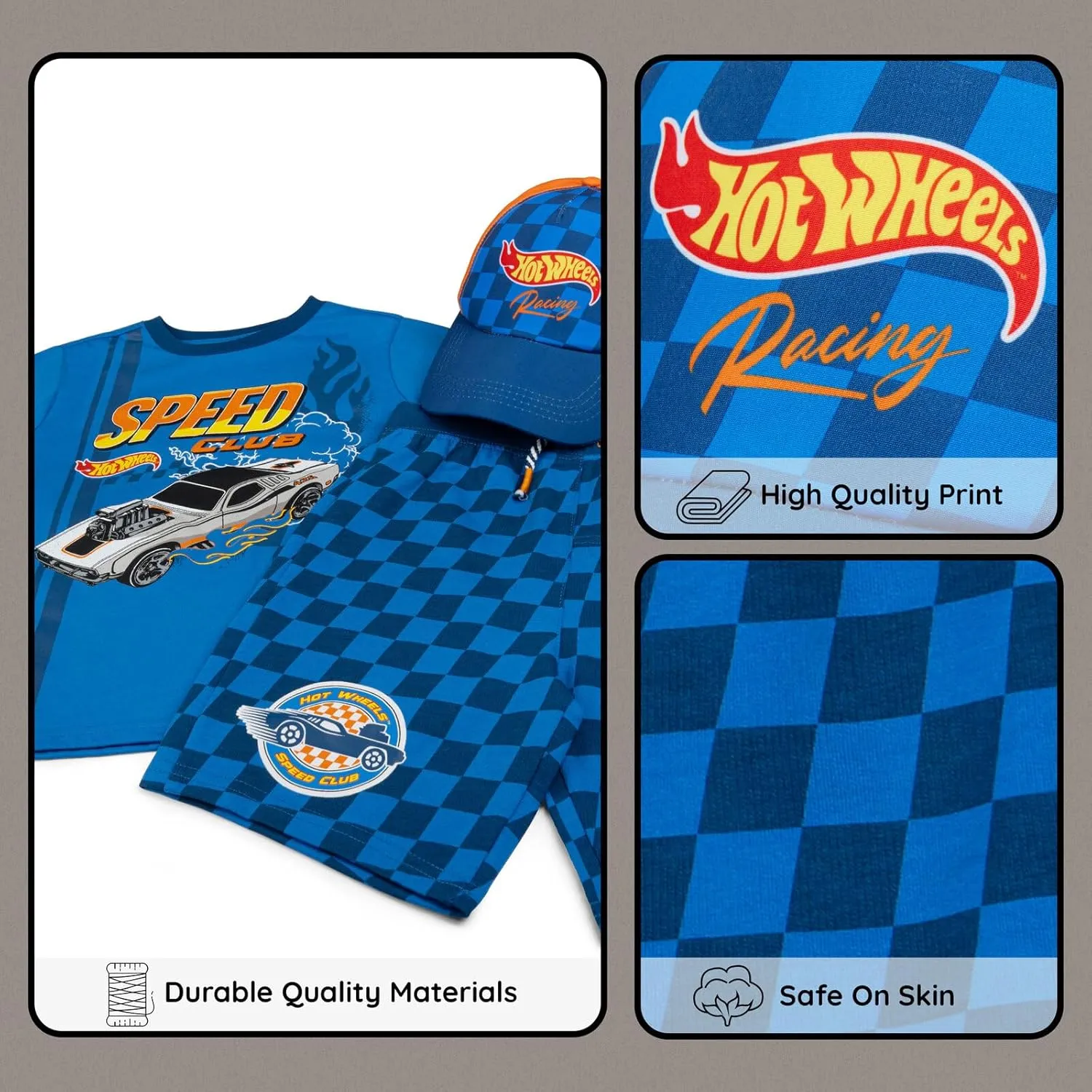 Hot Wheels Ringer T-Shirt, French Terry Shorts and Baseball Hat 3 Piece Outfit Set Toddler to Big Kid Sizes (2T - 10-12)