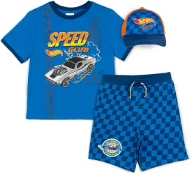 Hot Wheels Ringer T-Shirt, French Terry Shorts and Baseball Hat 3 Piece Outfit Set Toddler to Big Kid Sizes (2T - 10-12)