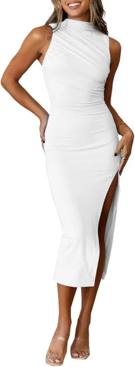 IHOT Women's Sleeveless Bodycon Midi Dress High Neck Ruched Side Slit Cocktail Party Dresses