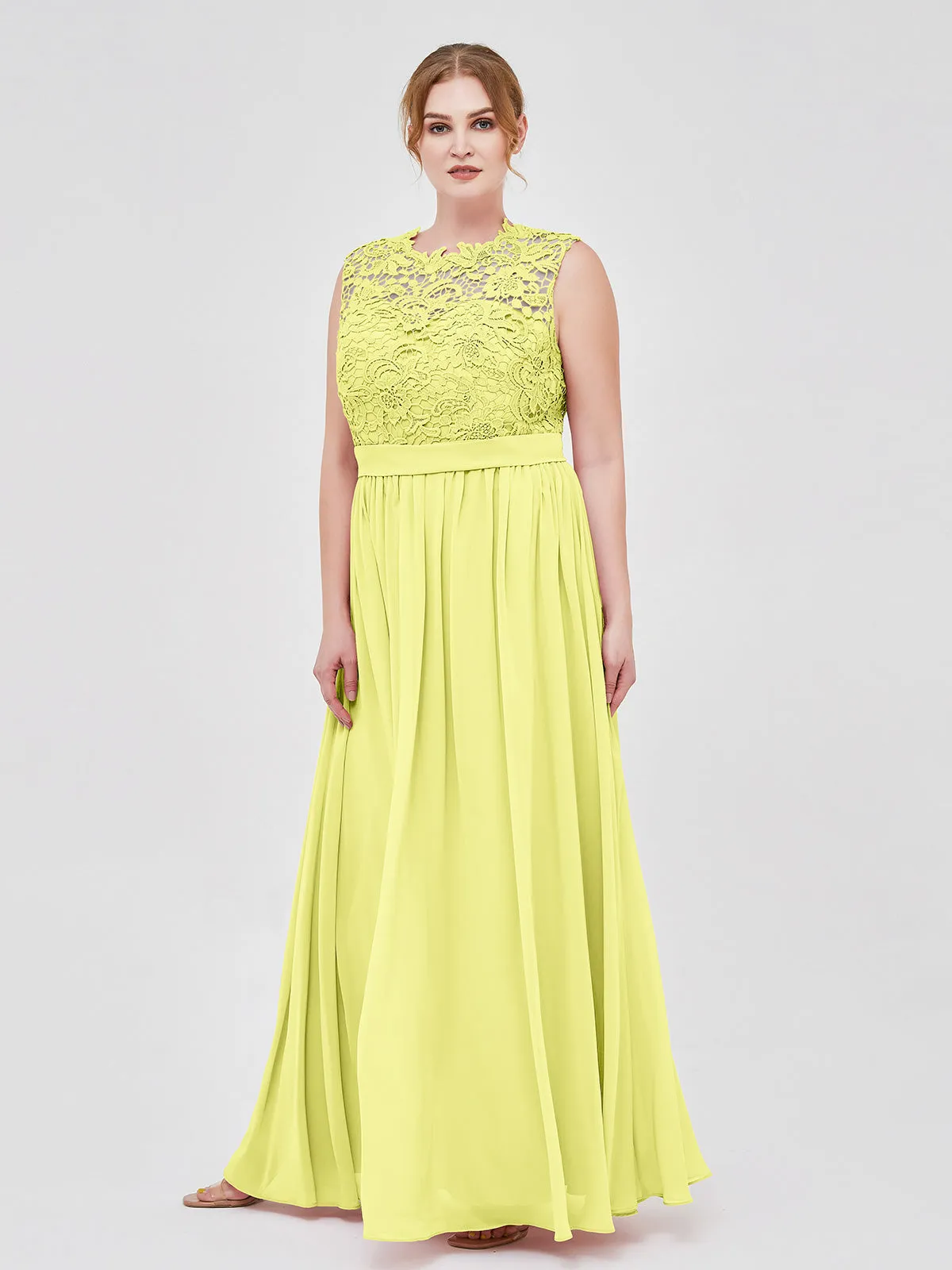 Illusion Neck Chiffon and Lace Dresses Daffodil