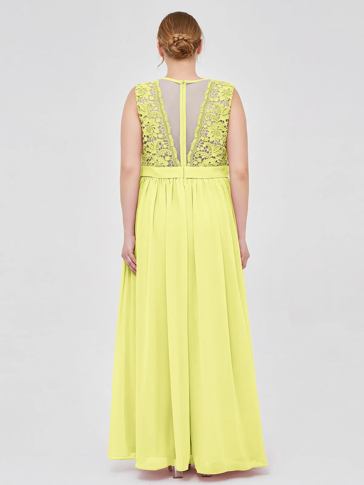 Illusion Neck Chiffon and Lace Dresses Daffodil