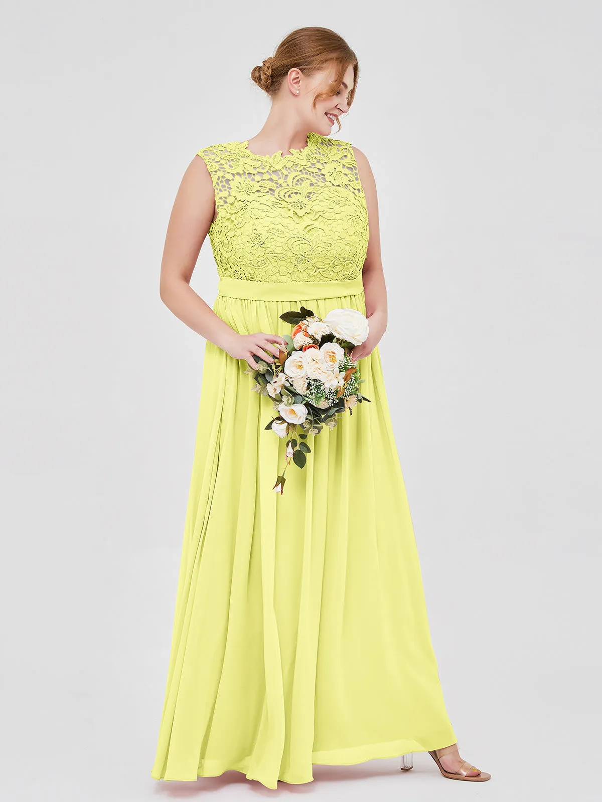 Illusion Neck Chiffon and Lace Dresses Daffodil
