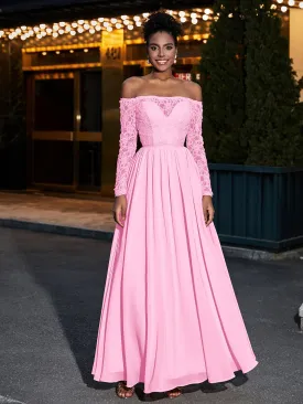 Lace and Chiffon Long Sleeves Dresses with Pockets-Candy Pink