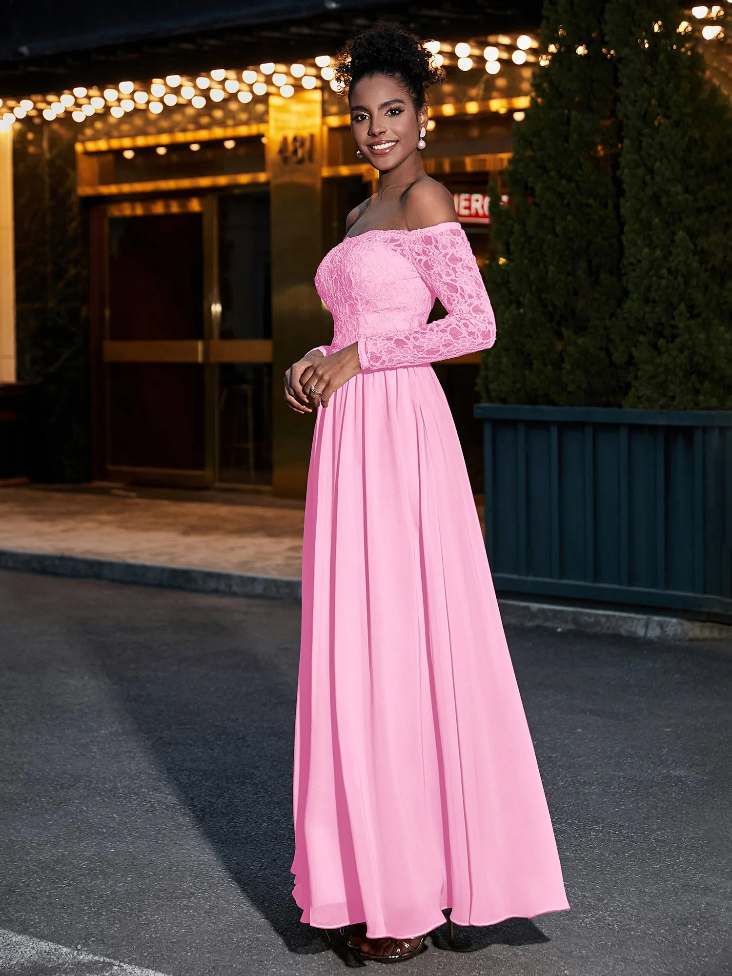 Lace and Chiffon Long Sleeves Dresses with Pockets-Candy Pink