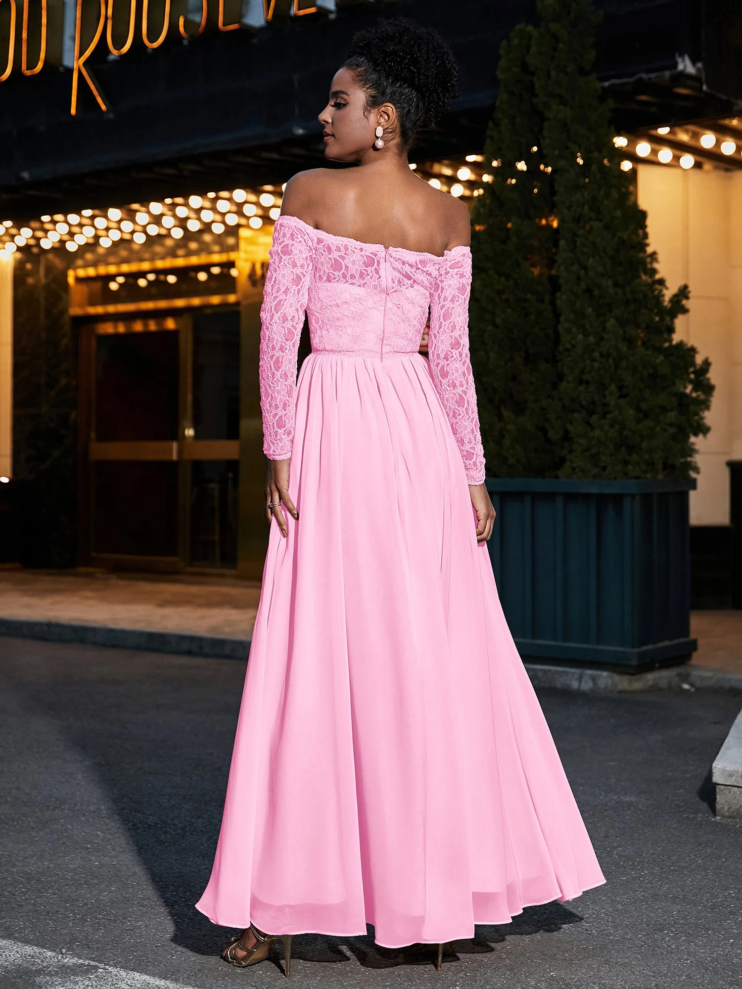 Lace and Chiffon Long Sleeves Dresses with Pockets-Candy Pink