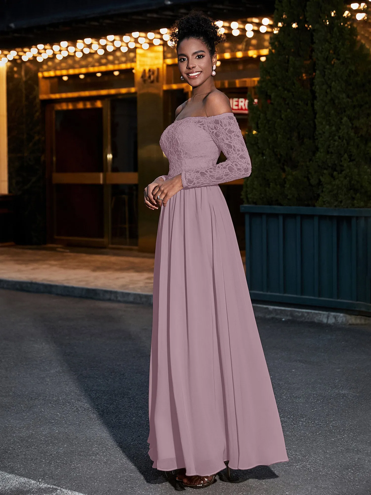 Lace and Chiffon Long Sleeves Dresses with Pockets-Dusk