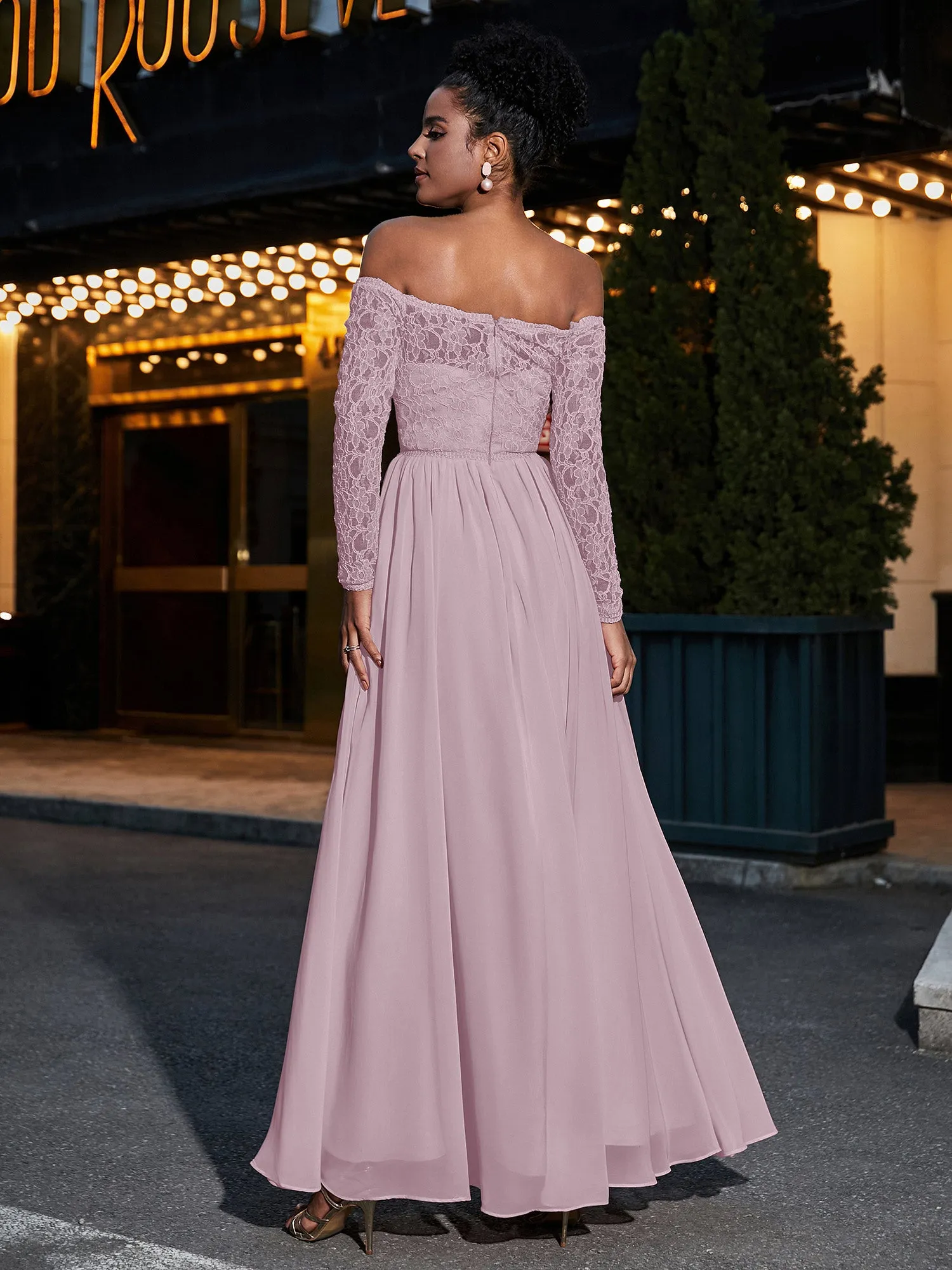 Lace and Chiffon Long Sleeves Dresses with Pockets-Dusk