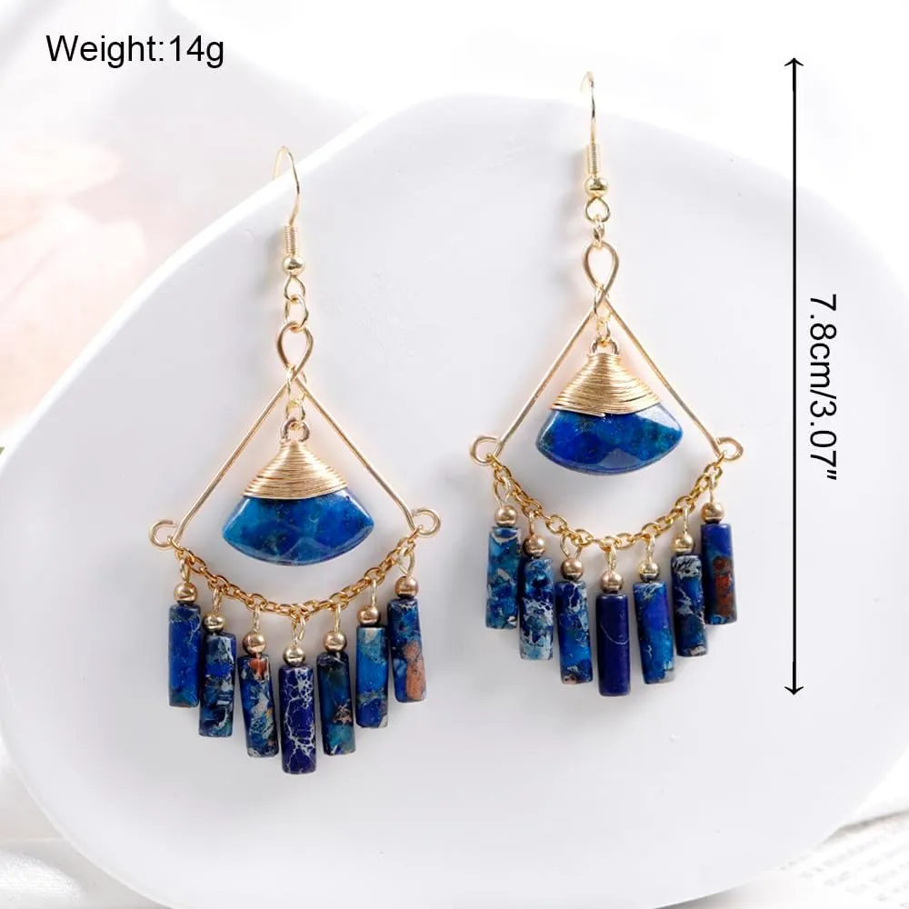 Lapis Lazuli Earrings - Bohemian Style Handmade Long Tassel Earrings - Emperor Stone Earrings For Women