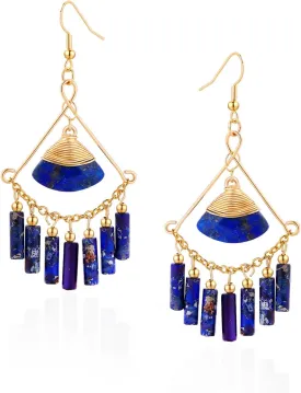 Lapis Lazuli Earrings - Bohemian Style Handmade Long Tassel Earrings - Emperor Stone Earrings For Women