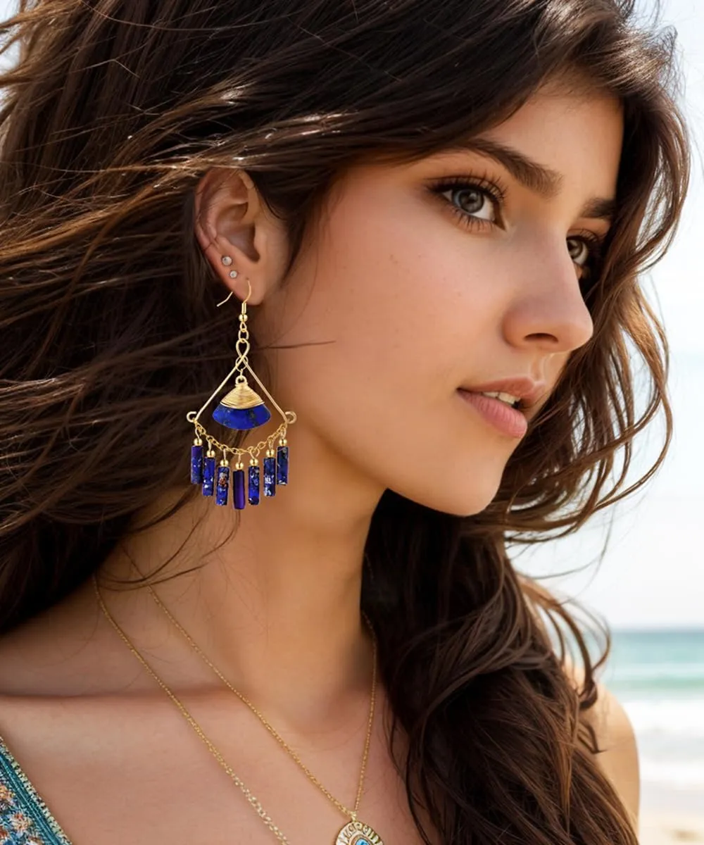 Lapis Lazuli Earrings - Bohemian Style Handmade Long Tassel Earrings - Emperor Stone Earrings For Women