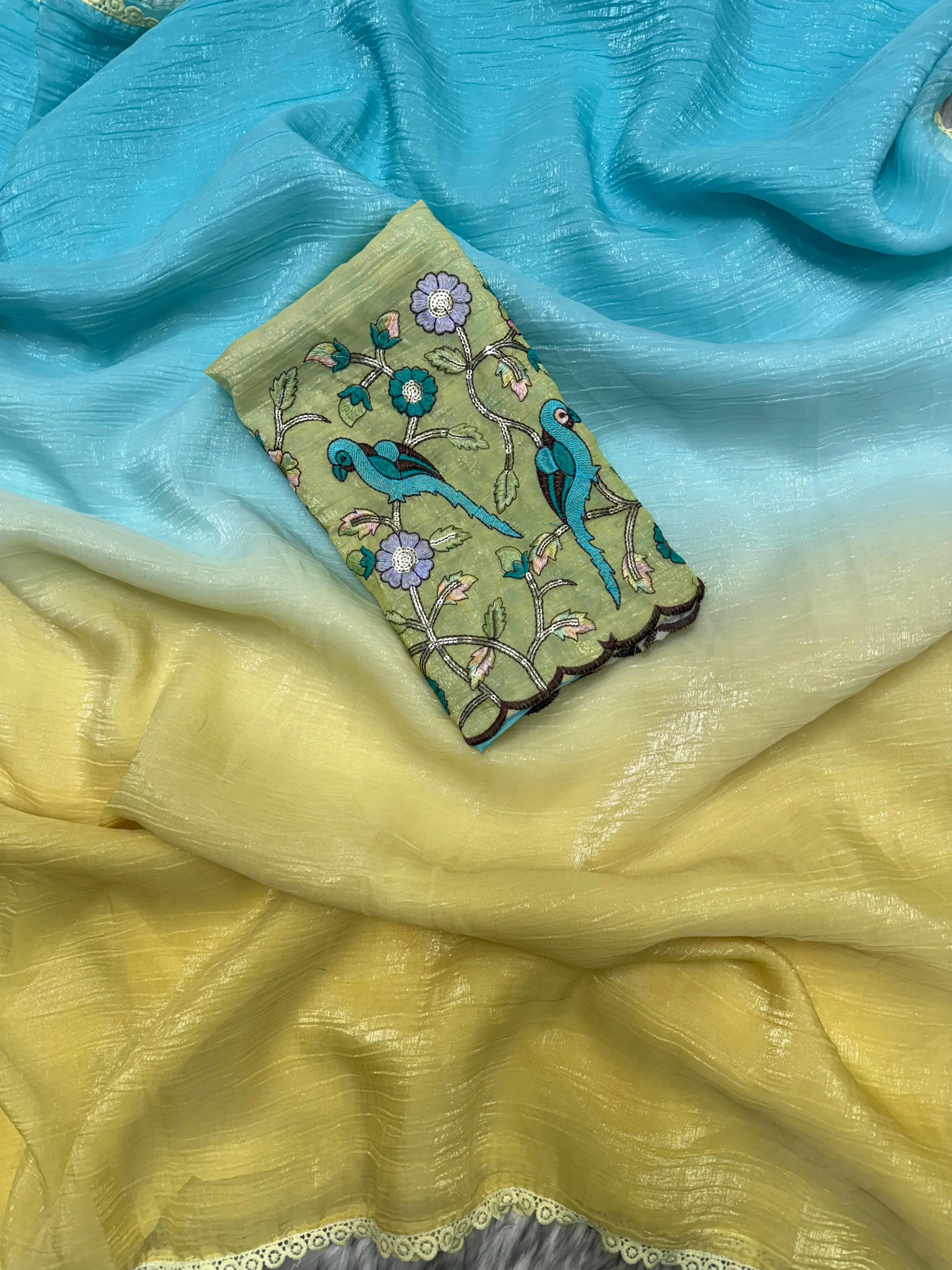 Latest Partywear Moss Chiffon Pedding Color With Lace Border Fancy Designer Saree With Embroidered Work Blouse