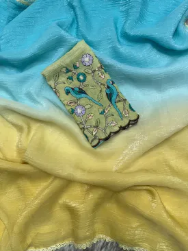 Latest Partywear Moss Chiffon Pedding Color With Lace Border Fancy Designer Saree With Embroidered Work Blouse