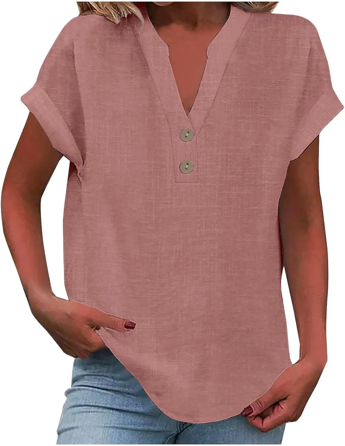 Linen Tops for Women Loose Fit Gauze Short Sleeve Plus Size Shirts Summer Button V Neck Casual Dressy Blouses