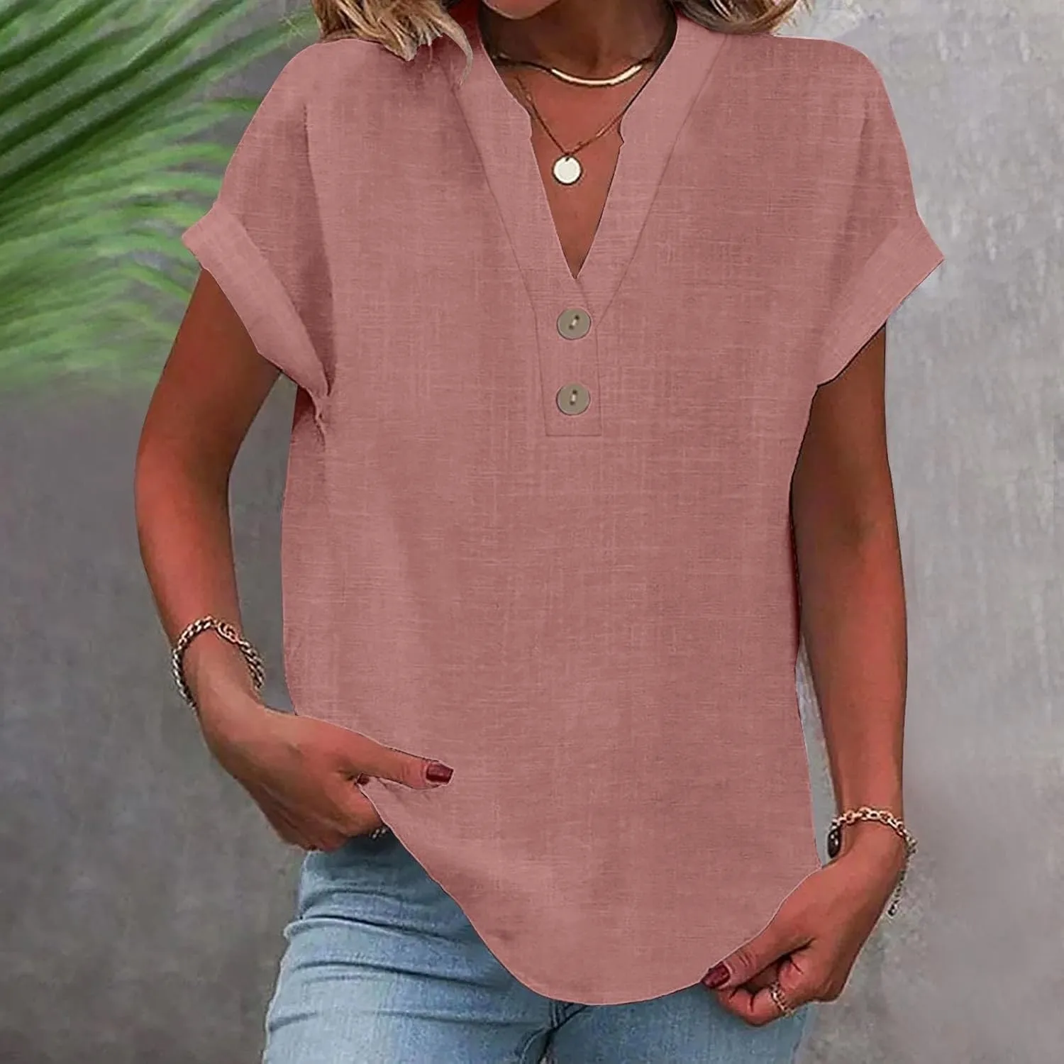 Linen Tops for Women Loose Fit Gauze Short Sleeve Plus Size Shirts Summer Button V Neck Casual Dressy Blouses