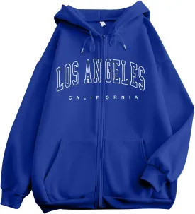 Los Angeles California Vintage Hoodies for Women Cool Zip Up Preppy Hooded Tops Fall Drawstring Letter Graphic Zipper