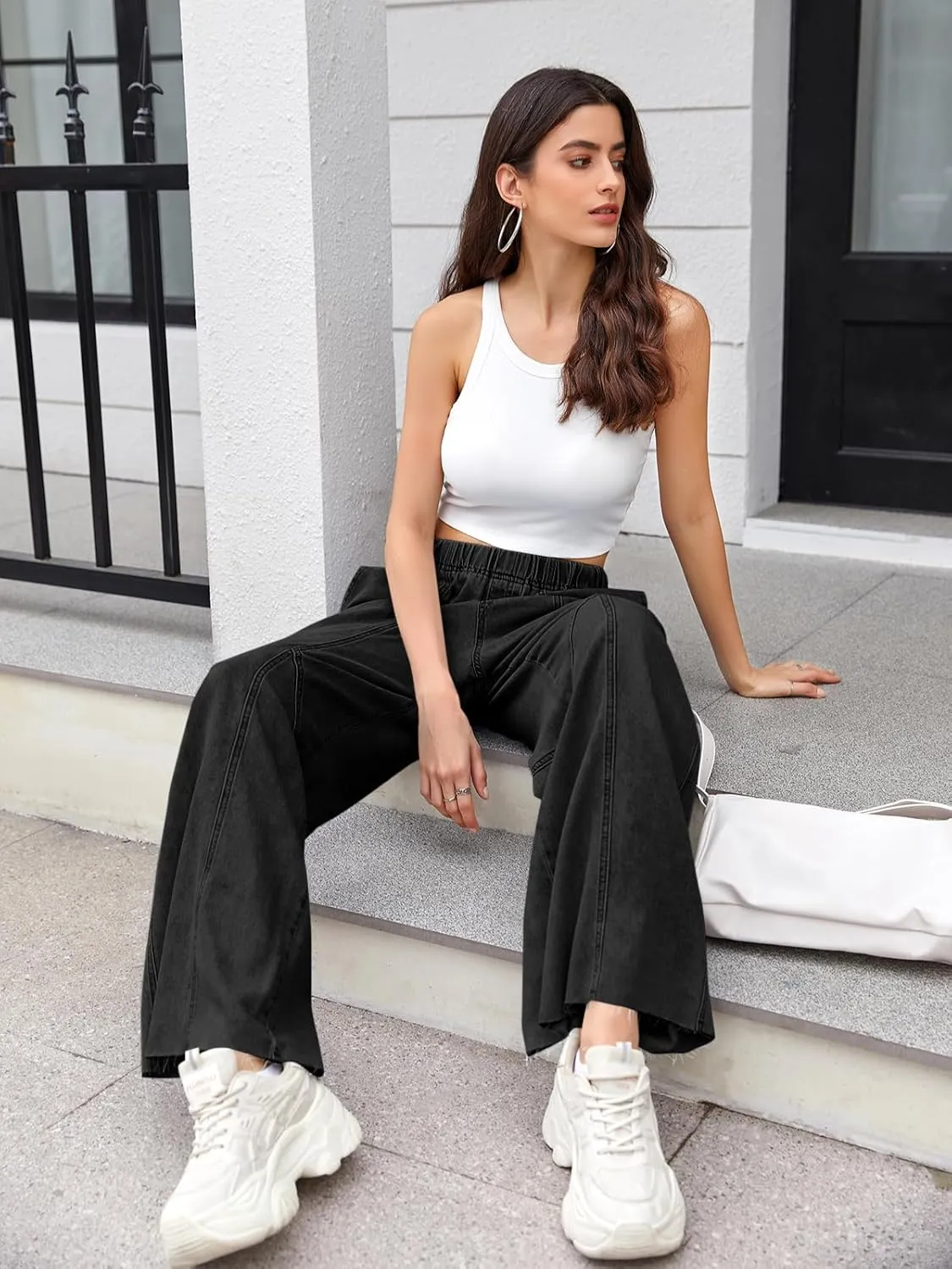 Mafulus Women's Wide Leg Jeans Elastic High Waisted Baggy Jeans Loose Fit Seemed Front Denim Pants