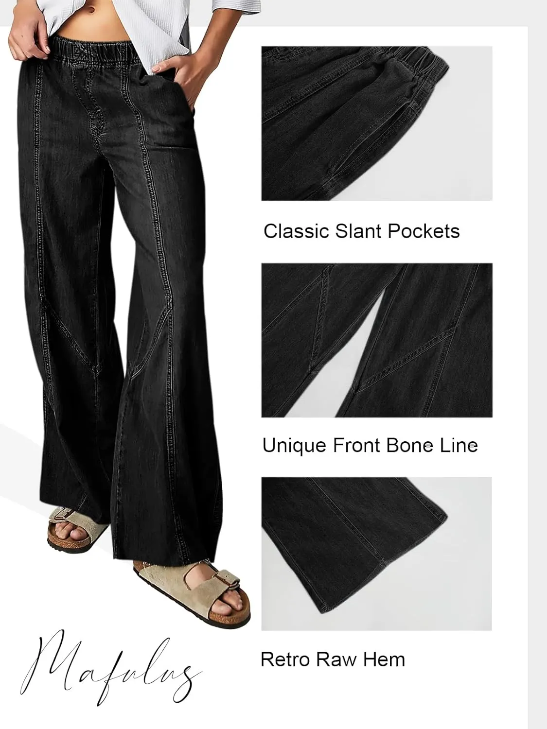 Mafulus Women's Wide Leg Jeans Elastic High Waisted Baggy Jeans Loose Fit Seemed Front Denim Pants
