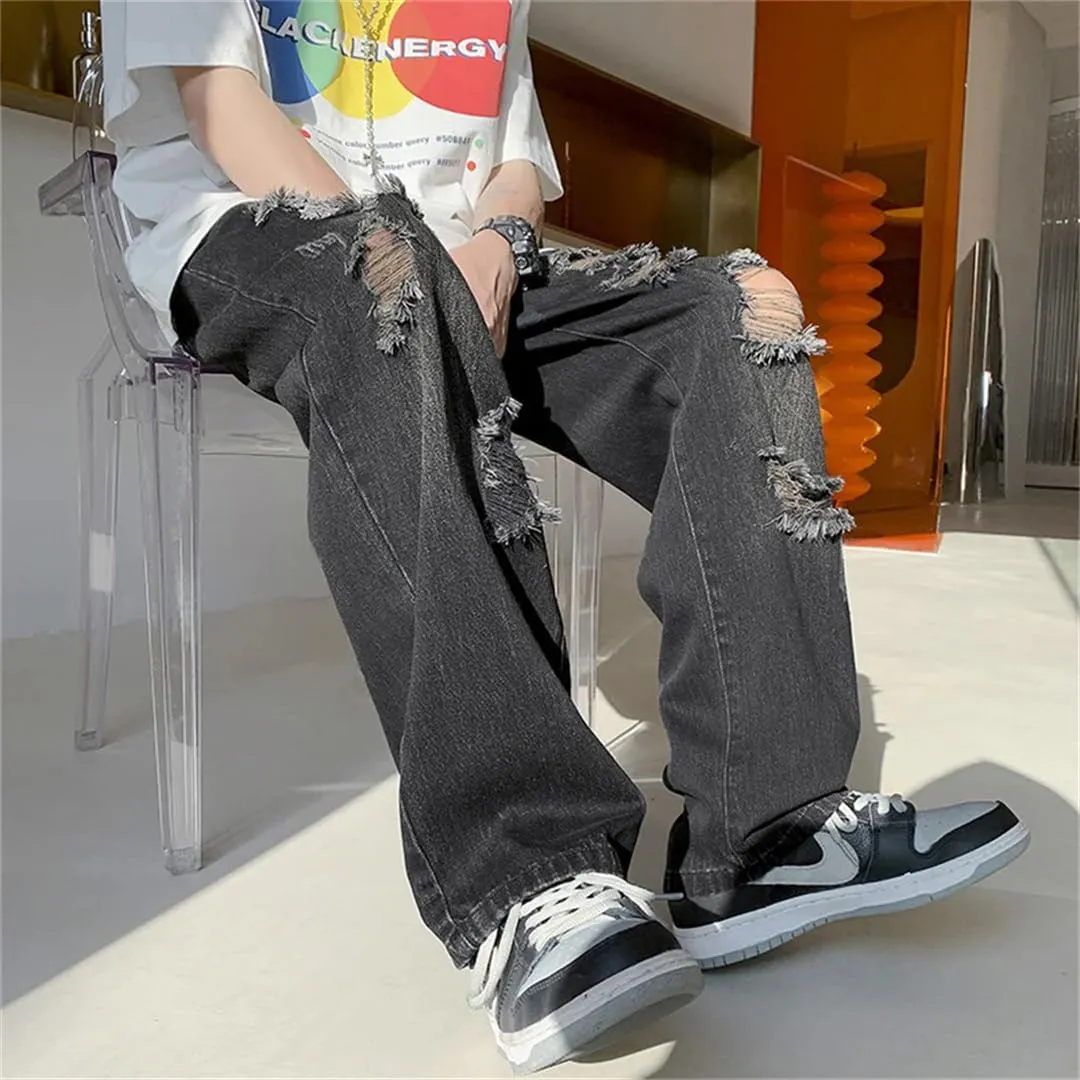 Men Summer Blue Black Ripped Jeans Wide Leg Jeans Streetwear Loose Straight Hole Denim Pants