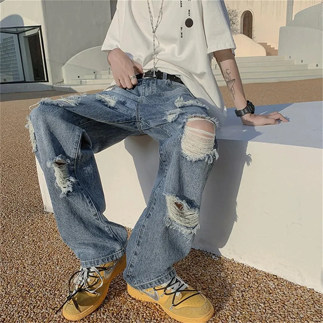 Men Summer Blue Black Ripped Jeans Wide Leg Jeans Streetwear Loose Straight Hole Denim Pants