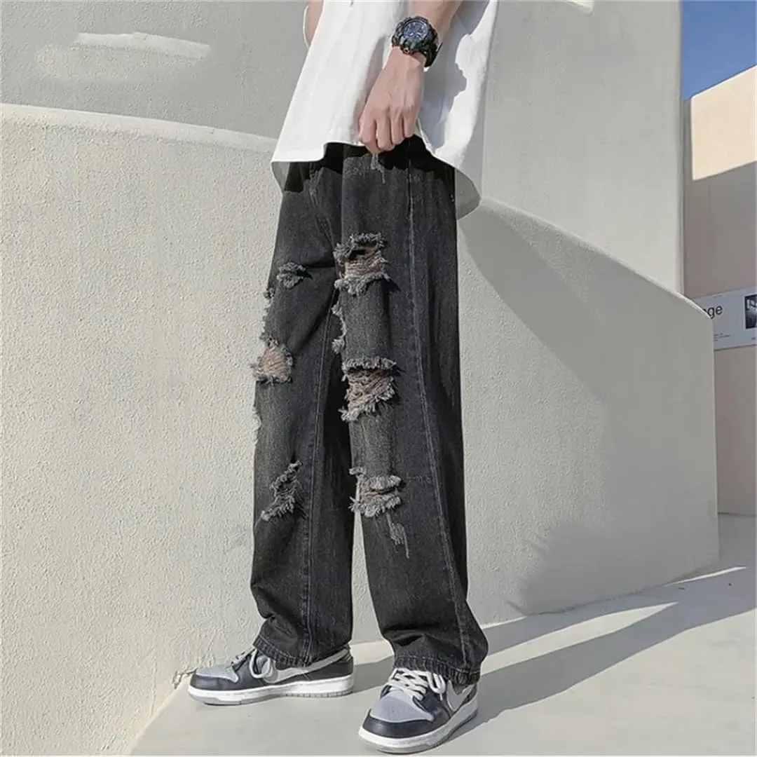 Men Summer Blue Black Ripped Jeans Wide Leg Jeans Streetwear Loose Straight Hole Denim Pants