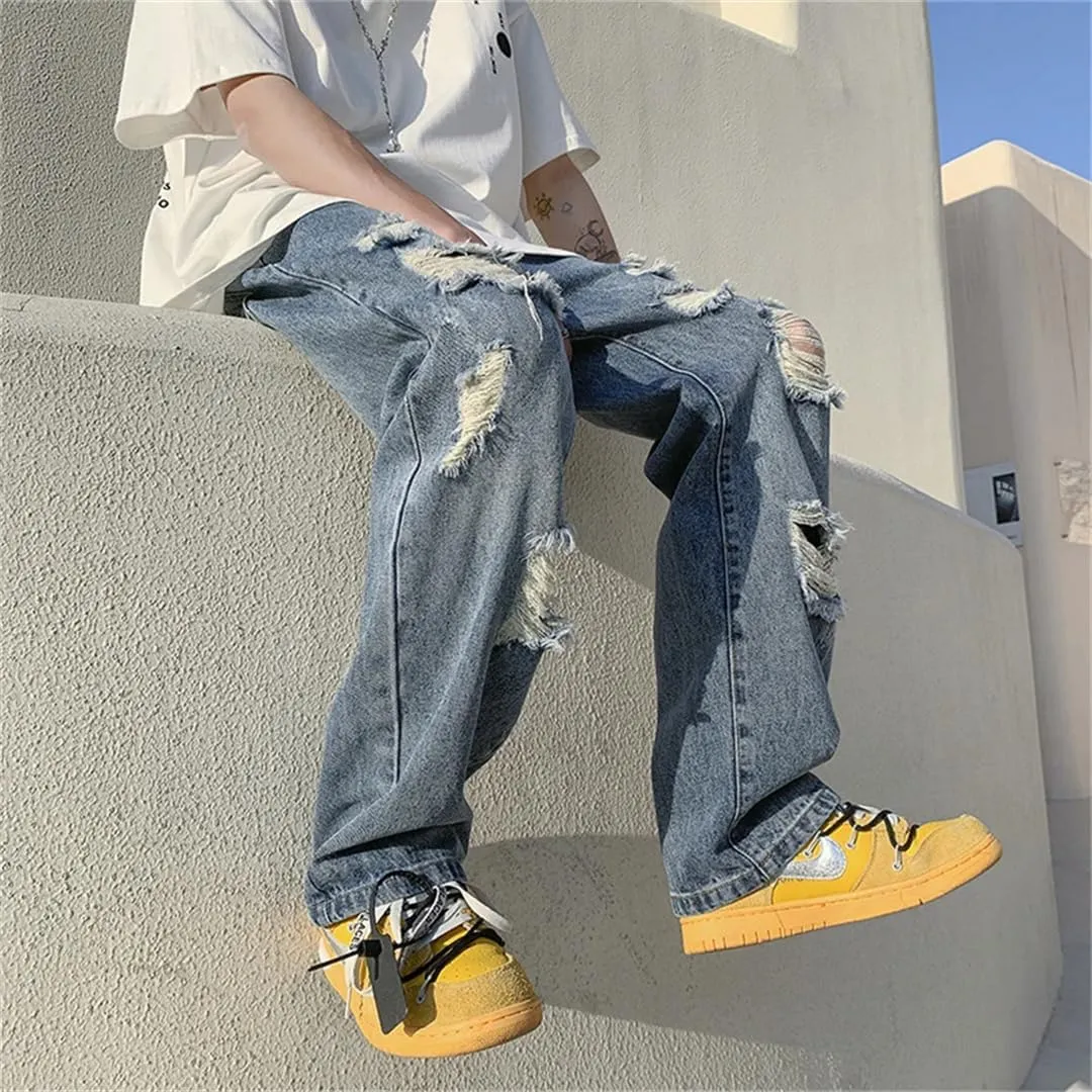 Men Summer Blue Black Ripped Jeans Wide Leg Jeans Streetwear Loose Straight Hole Denim Pants